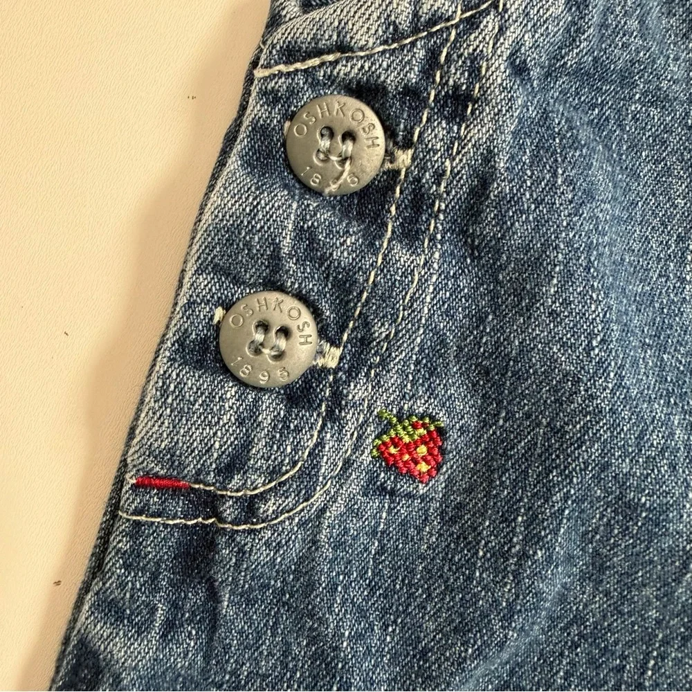 Vintage Y2K OshKosh B'gosh Denim Dress Overalls Embroidered Strawberries Blue
